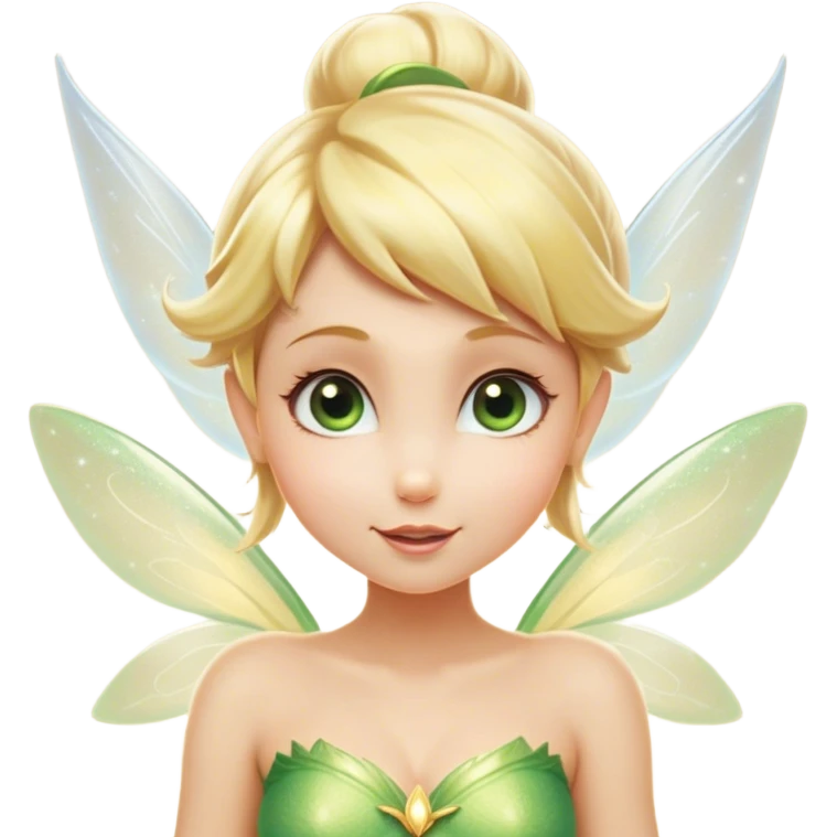 Cinematic Realistic Blonde Tinker Bell Fairy Portrait, head tilted playfully and inquisitively, showcasing a delicate pixie form with finely detailed, golden blonde hair and softly glowing, translucent wings that catch the light with a cascade of fairy dust. Her bright, curious eyes sparkle with mischief and wonder, rendered with lifelike clarity and warm, gentle lighting that captures the essence of a spirited, charming fairy ready to flutter playfully into your heart. emoji