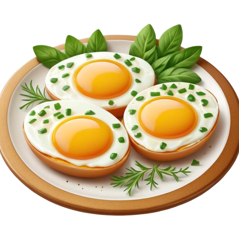 Cinematic sunny-side-up eggs, perfectly cooked with glossy yolks, crispy golden edges, sprinkled with fresh herbs, served on a rustic plate, bright and inviting, highly detailed and appetizing. emoji
