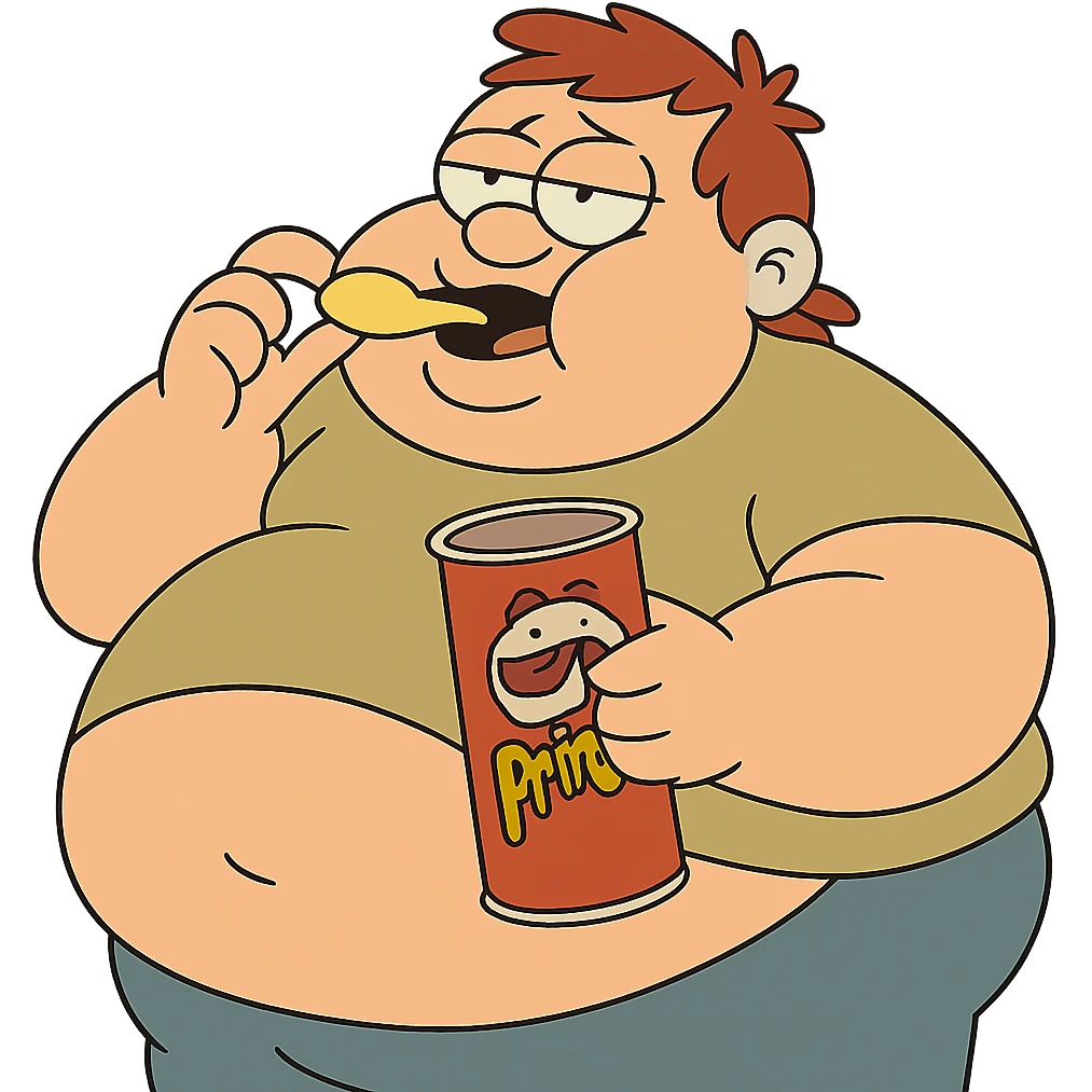 Make the fat Pringle munching character even fatter, keeping the playful cartoon style, no background. emoji