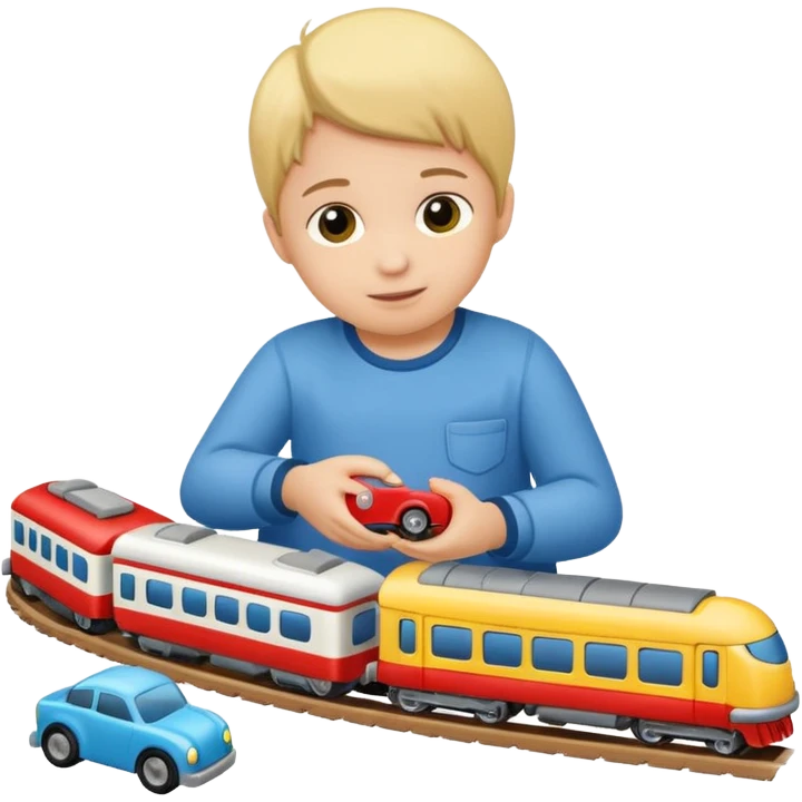 child playing with both toy cars and trains emoji