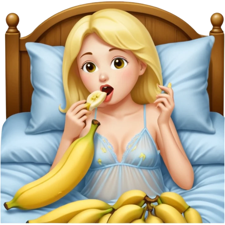 Frau in durchsichtigem Nachthemd leckt an einer ganzen Banane im bett und hat schpeicheltropfen am Mundwinkel emoji
