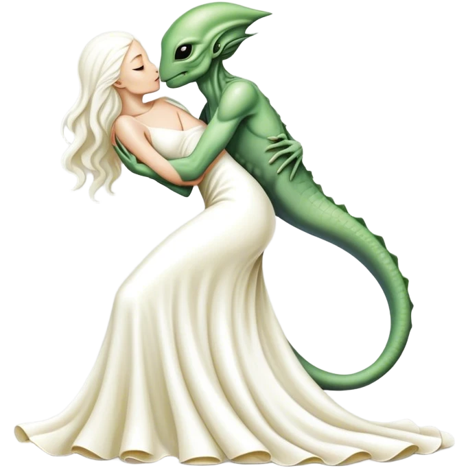 Alien reptilian woman in white dress hugs and kissing "white male human man" emoji
