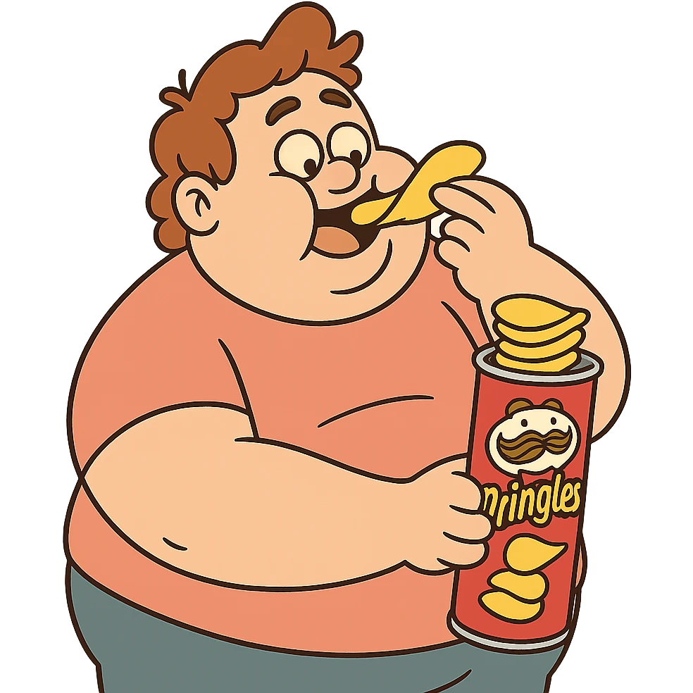 chubby character eating a stack of Pringles, fun and whimsical emoji