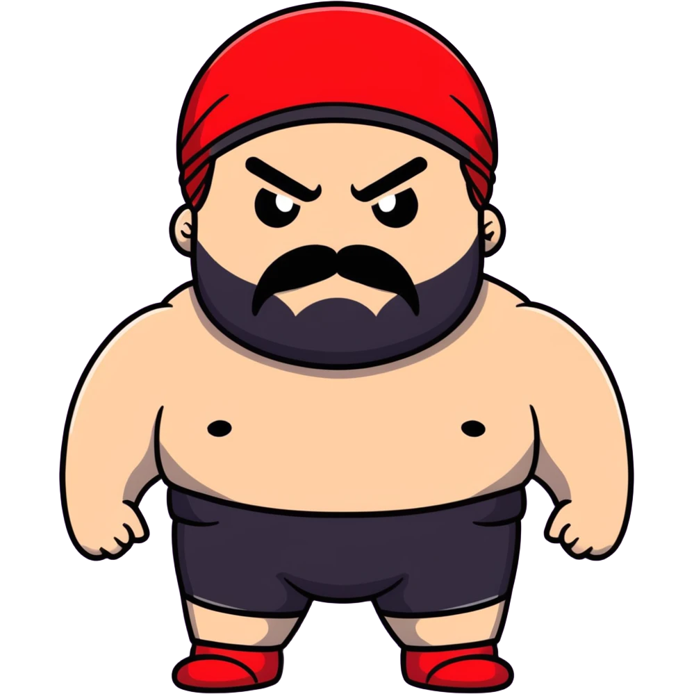 Close-up of extremely fat white skin guy with young face, prominent BLACK DURAG tied clearly on head, distinct black beard and mustache, no muscle, black eyes in a red and black wrestling singlet with angry face emoji