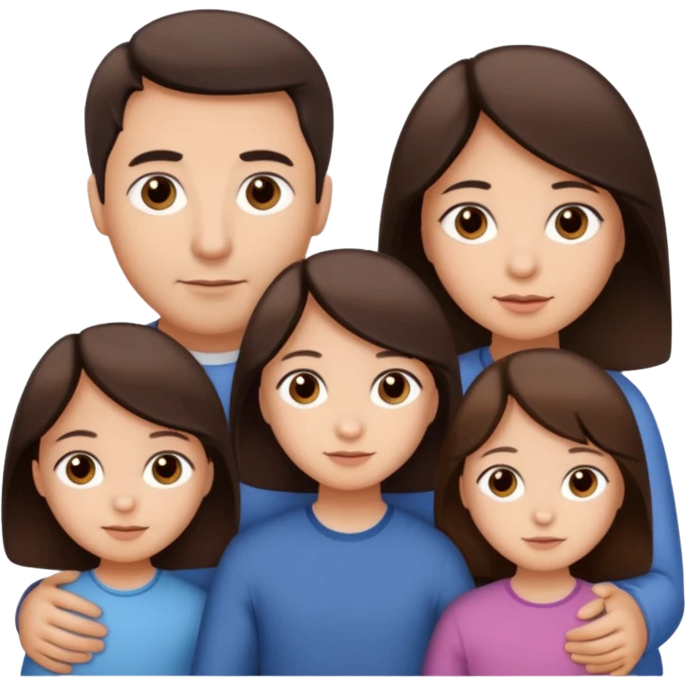 Family portrait with father with dark brown hair and black eyes, mother with light brown hair and brown eyes, three brown little girls with brown eyes emoji