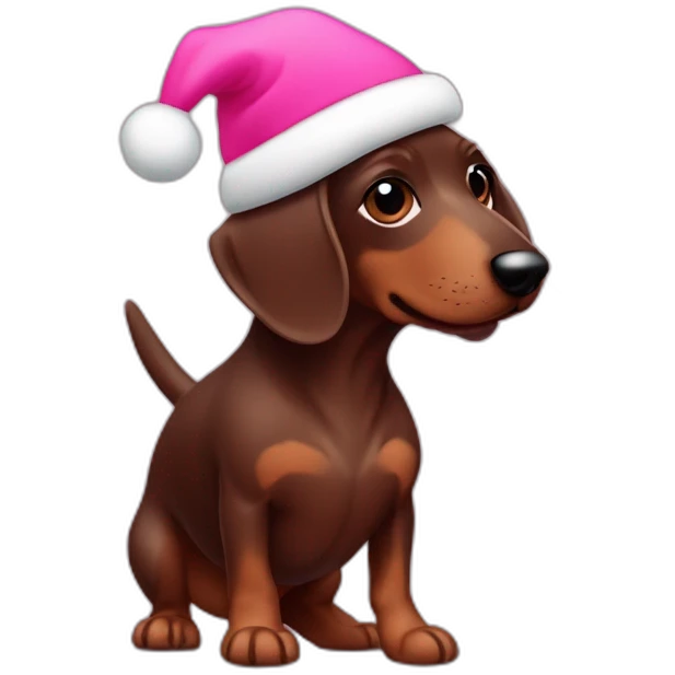 Chocolate sausage dog puppy with pink equafleece and a christmas hat emoji
