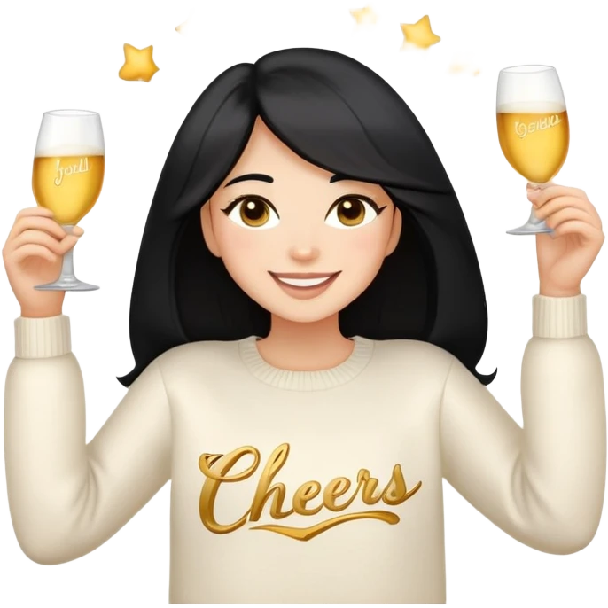 A woman with longer black hair, light to medium skin tone, full cheeks, and almond-shaped eyes, wearing a simple white sweater with the word 'cheers' in gold script, joyful and radiant expression, cheerful, emoji style, just her torso. emoji