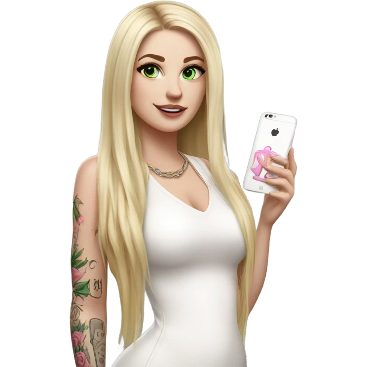 Realistic White girl with Long straight blonde hair, green eyes, tattoos, full body wearing white dress and pink knee-high leather boots, doing cute selfie pose emoji