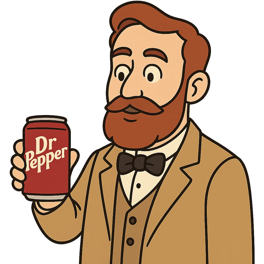Charles Alderton holding a Dr Pepper in flat toon style emoji