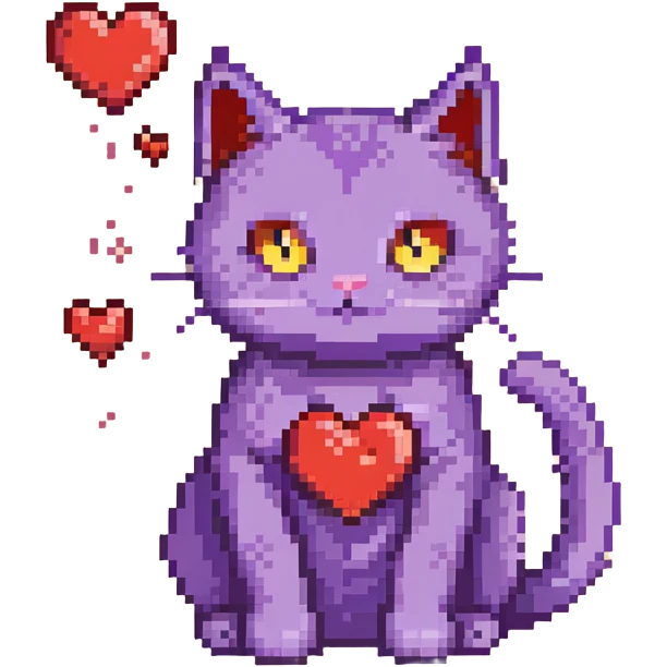 a purple cat with red hearts emoji