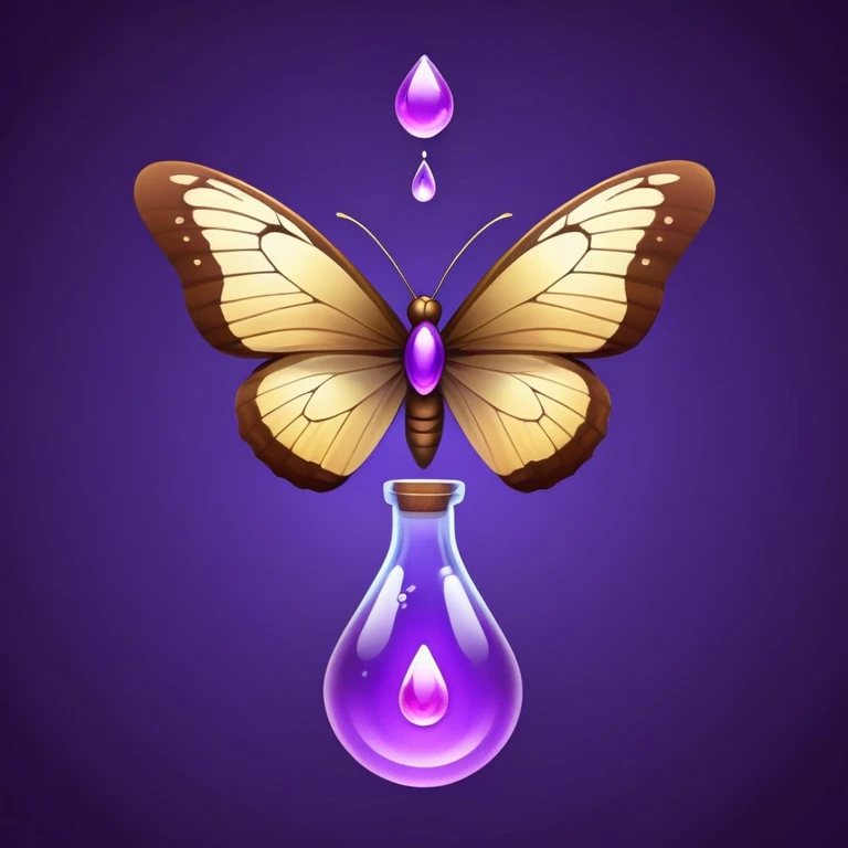 Small brown bottle floating with dim light, with a purple drop suspended in the air, slowly spinning in front of a luminous butterfly representing the thyroid emoji