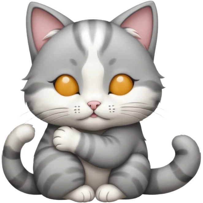 1 grey and white small cat with its eyes closed lying down leaning on its elbow with its paw curled under his head holding it up emoji