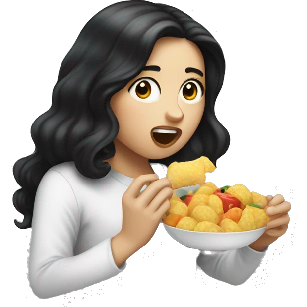 Long black haired white skin girl putting food in her mouth emoji