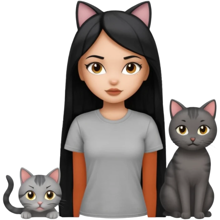 a pretty bratz dusky girl with long straight hair with four cats nd wearing a grey tshirt emoji