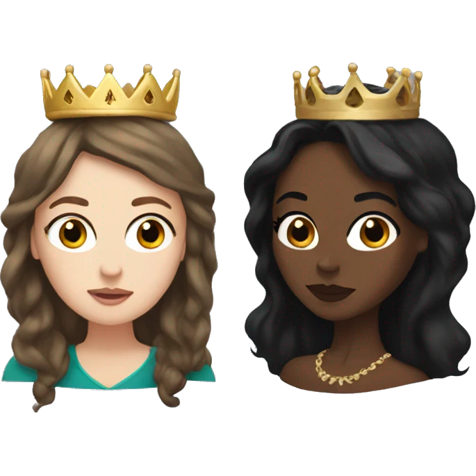 White woman with long brown hair and black woman with long black hair wearing crowns emoji