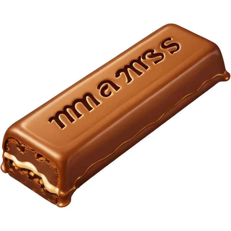 Create a cartoon-style Mars bar with gooey caramel stretching playfully. emoji