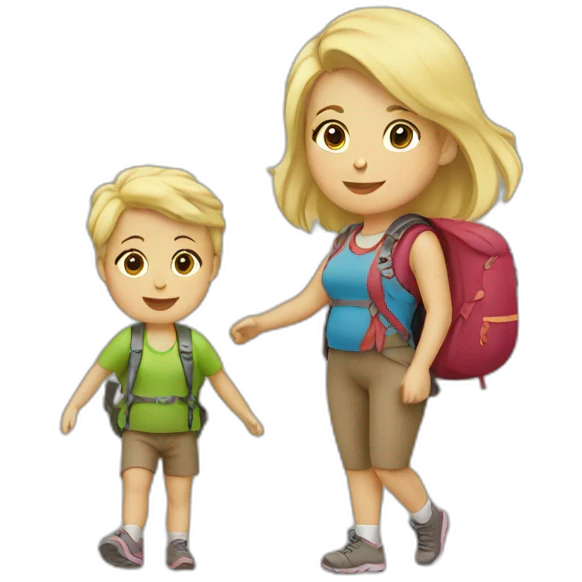 Mom hiking with little baby blond hair emoji