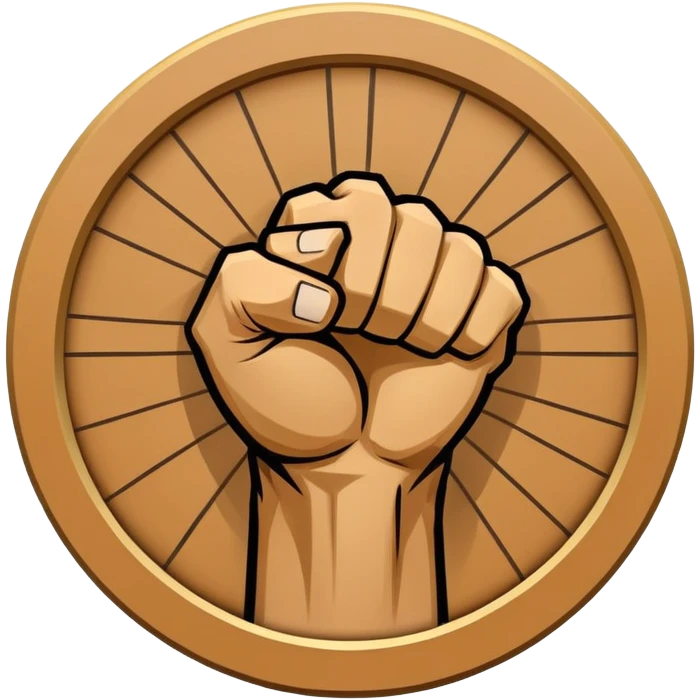 Round emblem symbolizing martial arts with a bold fist facing forward in the center. The fist is surrounded by dynamic lines representing movement and power. The design conveys strength, focus, and precision, with a minimalist background emphasizing the combat spirit. Transparent background. emoji
