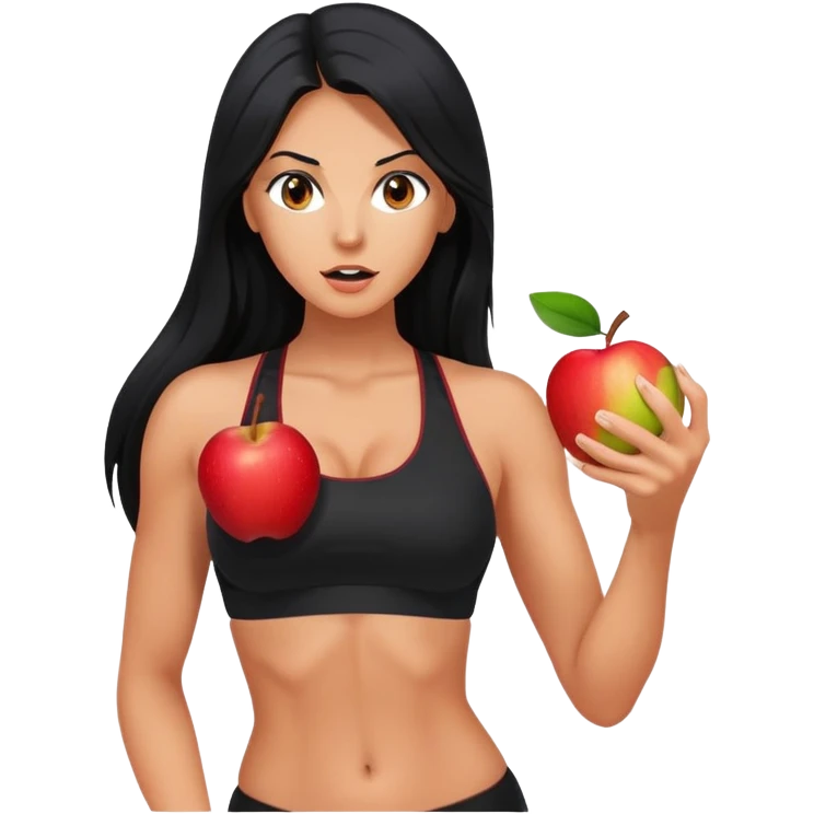 bitten apple in hand, long black hair tanned woman, black sports bra, hot emoji