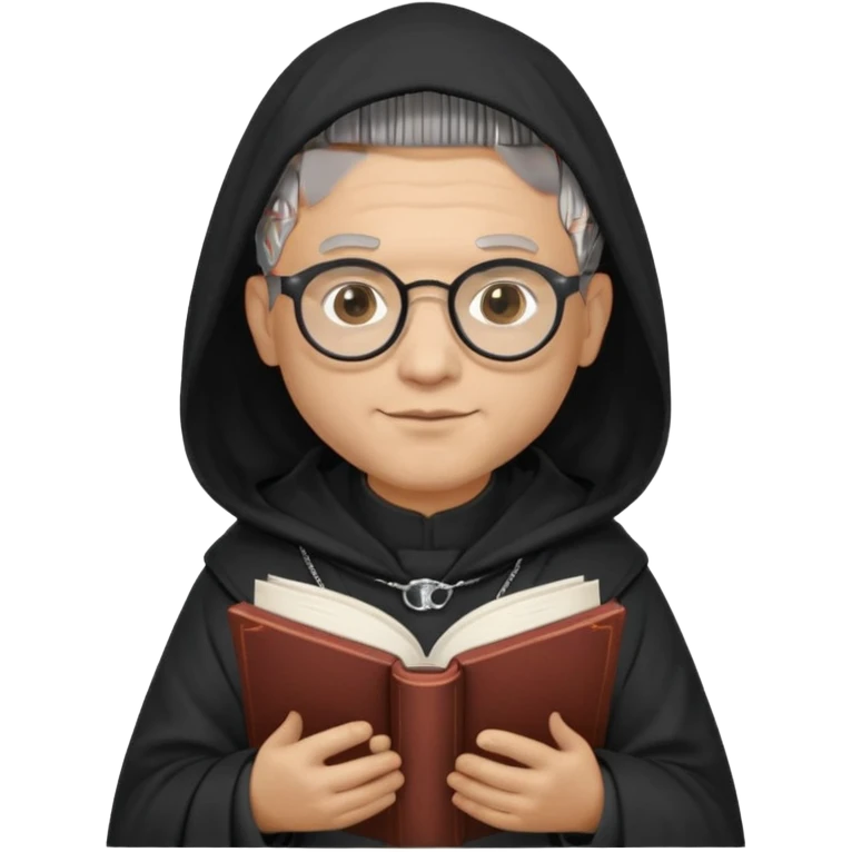 Monk priest prayer black habit with hood round black glasses done light brown wavy hair under hood remove the medallion smaller more round glassed age 46 no necklace more oval face hand holding book that says RB 480 top left is great add a little hair brown gray under hood  emoji