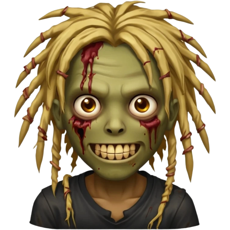 zombie with brown skin, messy gold dreads hair, wide centered brown eyes, dark bloody marks under the eyes, and a smile showing shiny metal teeth,black shirt, giving a distressed, undead look. emoji