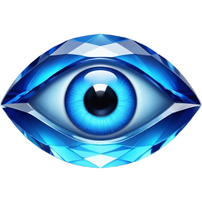 Cinematic Realistic image of a glass Evil Eye blue stone, rendered with translucent, luminous blue hues and finely cut facets that catch soft reflective light, set against a dark, minimalist backdrop to emphasize its mystical allure. emoji