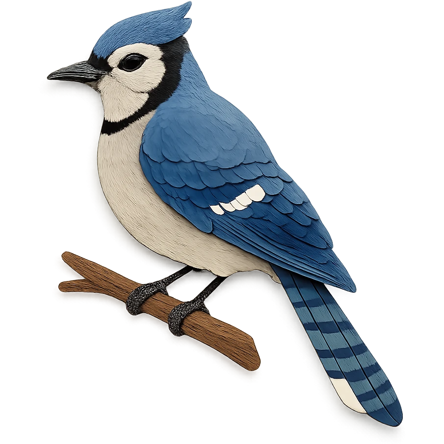 blue jay on a branch, layered paper details, realistic feather patterns emoji