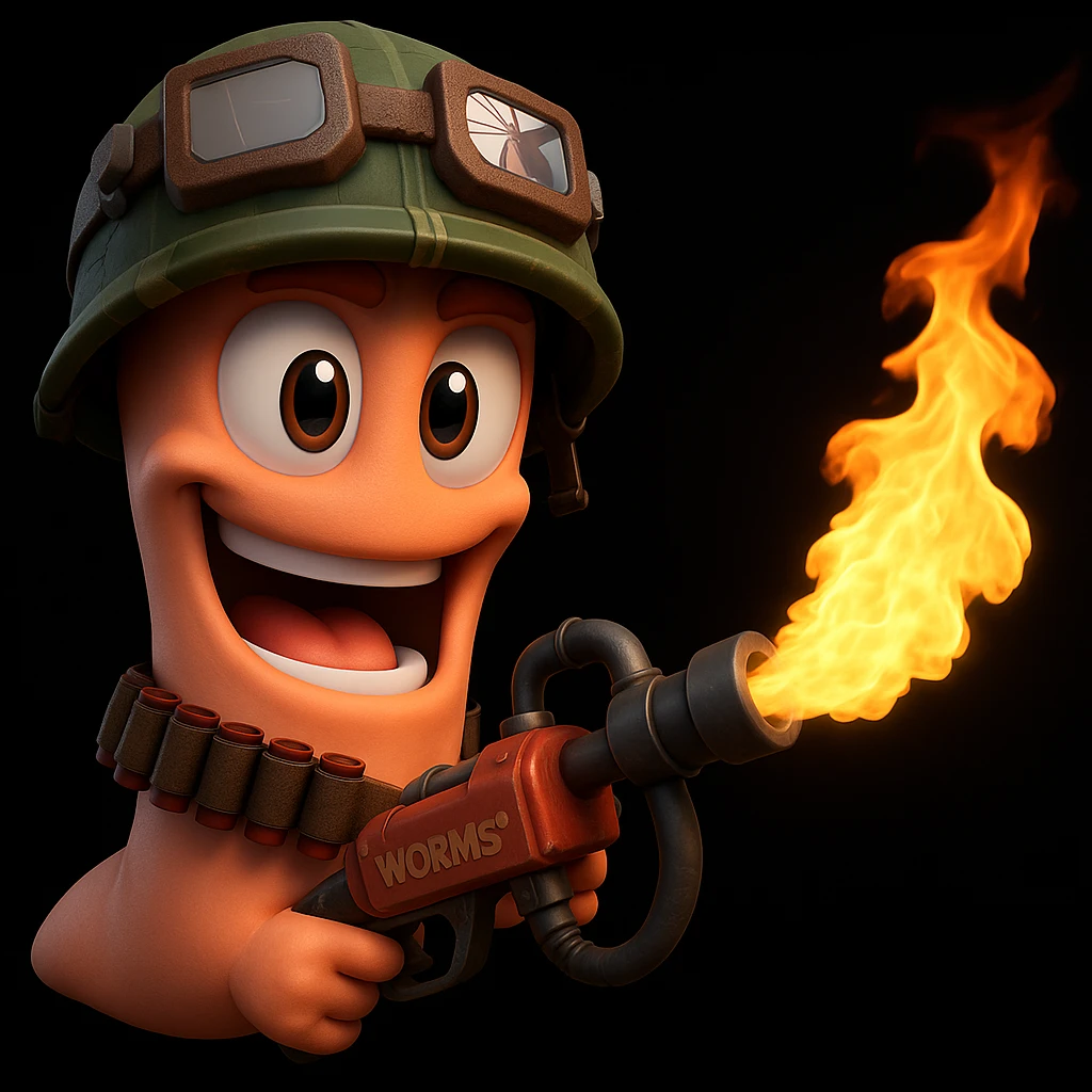 Create a 3D style image of the Worm from the Worms game wearing an army helmet and holding a flamethrower instead of the current weapon. Keep the same lighting and shading style as the reference image. emoji