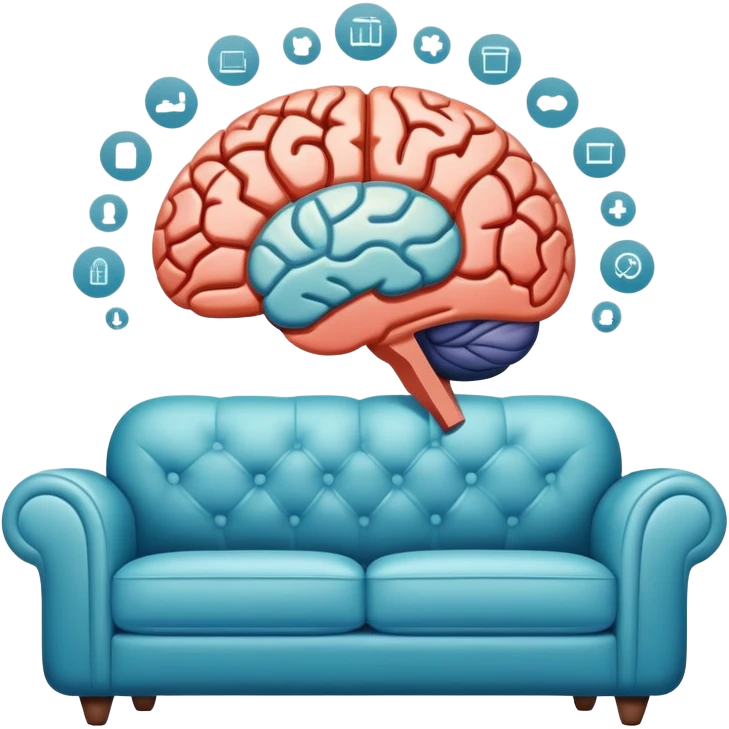 An icon featuring a brain, a couch, and a psychological test, symbolizing the study of psychology. The design includes abstract patterns representing the mind, with a calm, therapeutic setting in the background. Transparent background highlights the exploration of human behavior and mental health. emoji