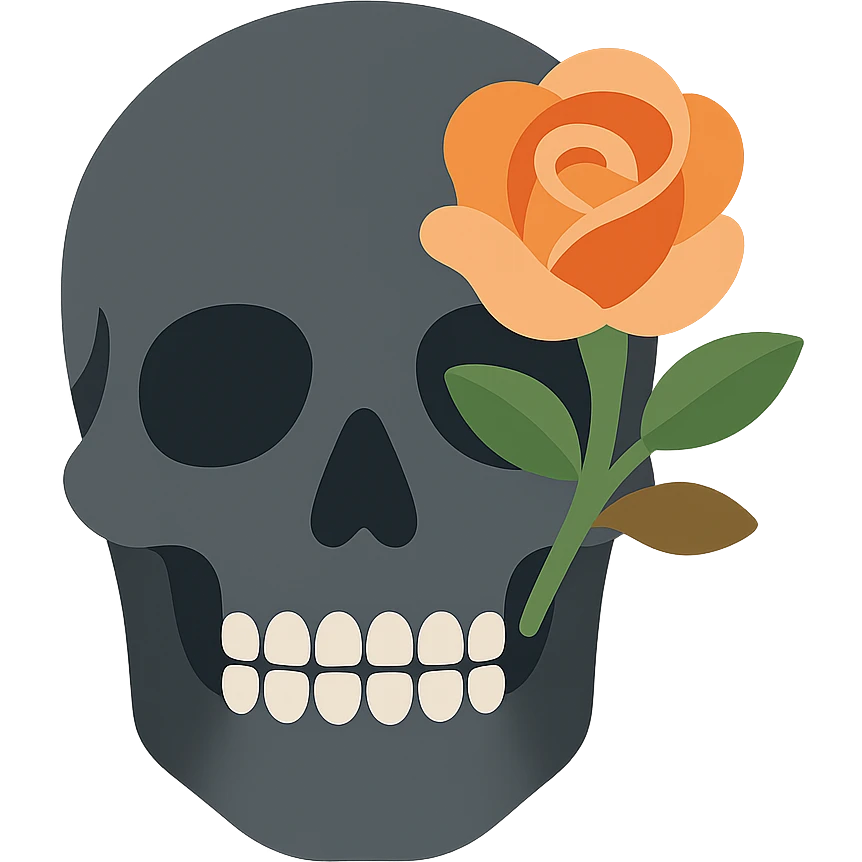 A dark, light grey skull with sharp, angular features and a mysterious, haunting aura, featuring a rose delicately placed in one of its hollow eye sockets. The skull is in shades of grey, accented with soft tones of golden orange (FA9B41), forest green (4A7C5C), muted taupe brown (96775A), and pastel peach (FFCC9A). The rose, vibrant in its peach and orange hues, contrasts with the cold, eerie grey of the skull, its petals unfurling gently around the eye socket. The background is dim and shadowy, with a faint, mystical glow illuminating the skull and rose, adding to the gothic and slightly surreal atmosphere. The scene feels both haunting and beautiful, with a touch of elegance. emoji