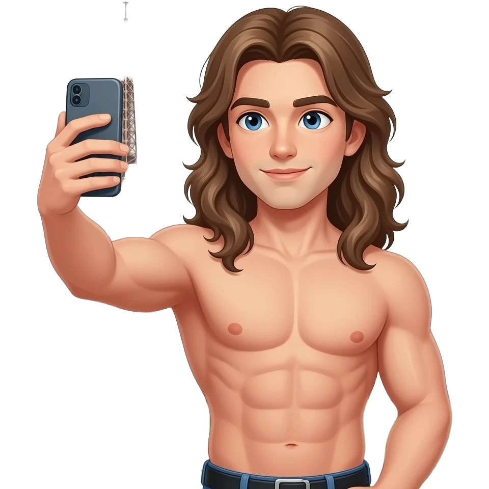 muscular shirtless twink with very long hair taking selfie in front of Eiffel Tower emoji