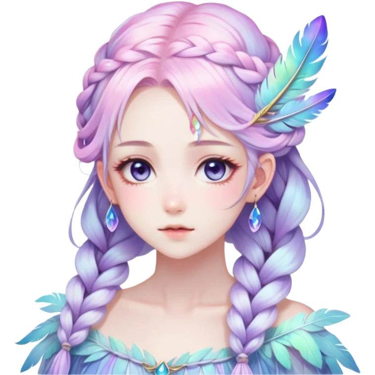 Beautiful gorgeous anime lady with beautiful iridescent-nebula-braided-hair, fashion aesthetic, ethereal, fairycore, pastelcore, feathers emoji