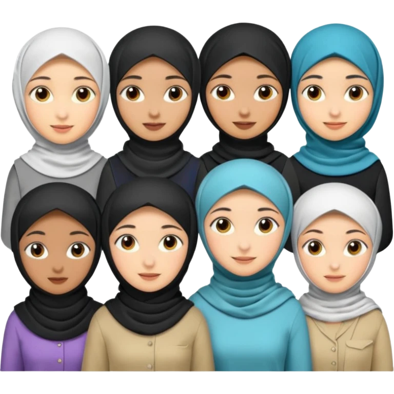 make 12 girls with different race, persona, occupation/hobby, and give some with hijab emoji