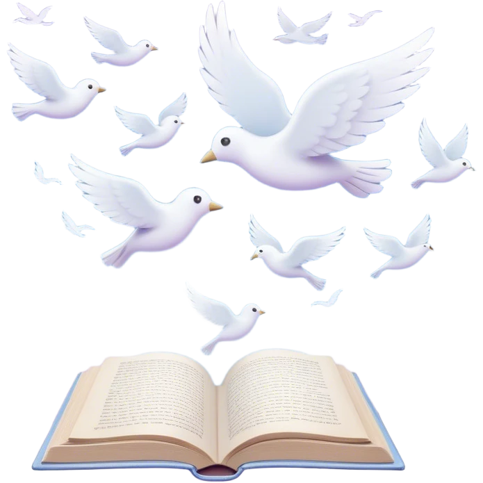 Create a dreamy, poetic emoji representing poetry. The design should feature several elegantly flying pages with short poetic columns written on them, surrounded by fluffy, soft clouds. small white silhouettes of birds should be flying out from the clouds, creating a sense of freedom and inspiration. The pages and a white feather should symbolize creativity and poetic flow. Use pastel tones like light blues, purples, and creams for the pages and background, while the clouds should be soft and ethereal. The overall design should feel whimsical, serene, and full of poetic charm. Make the background transparent. emoji