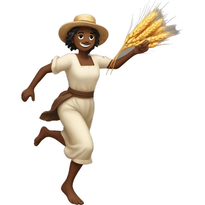 huckleberry Finn harvest goddess sprinting with wheat, with a large stride and arms outstretched emoji