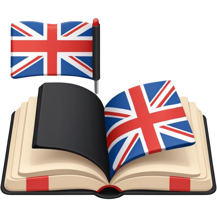 Minimalistic flat vector icon, iOS style, thin black contour on white background. Open book with a small UK/USA flag symbol. No text, no shadows. emoji