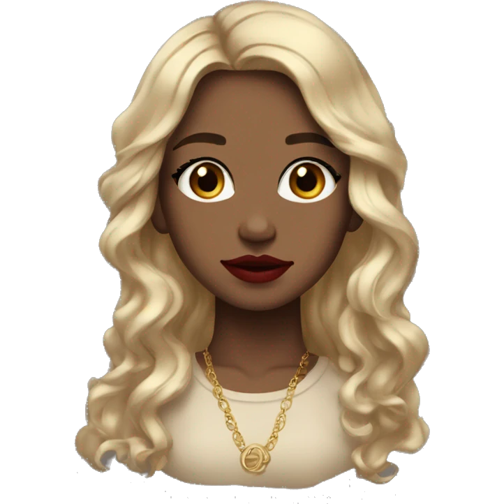 Girl with blue eyes, long brown wavy hair, gold earrings, red lipstick, black long sleeve  emoji