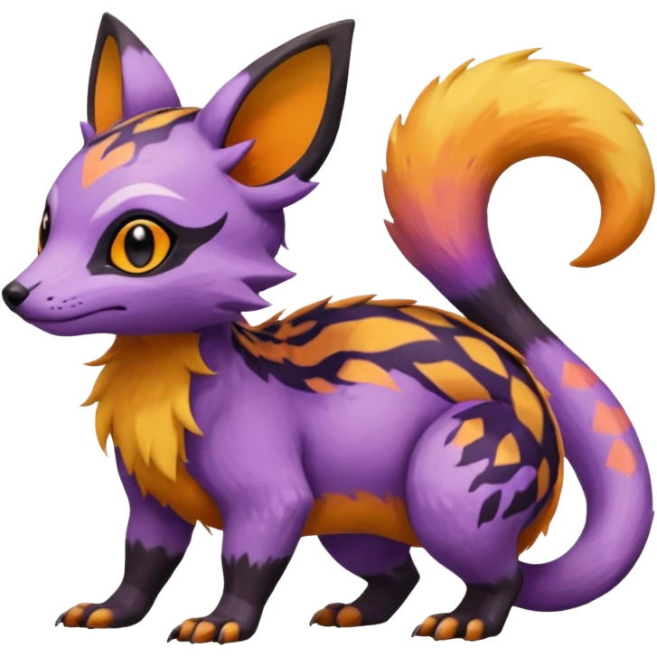 Rare exotic cute epic aesthetic colorful Salandit-Eevee-Civet-species-Fakemon-hybrid-creature, with markings, full body emoji