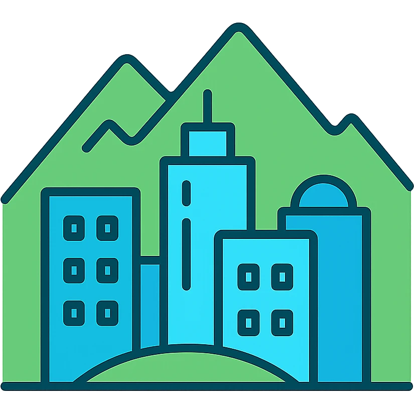 minimalist icon of a Colorado city with mountain peaks behind, cool blue and green tones emoji