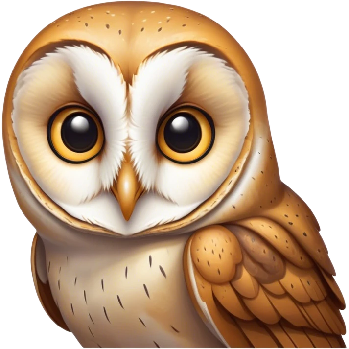 Cinematic Noble Barn Owl Portrait Emoji, Poised and regal, with a slender, graceful build and a striking mottled plumage of whites and browns, deep-set soulful amber eyes, Simplified yet sharp and sophisticated features, highly detailed, glowing with a soft, dignified glow, high shine, intelligent and mysterious, stylized with an air of nocturnal wisdom, focused and attentive, soft glowing outline, capturing the essence of a watchful and confident fowl, so majestic it feels as though it could silently glide out of the screen with effortless authority! emoji