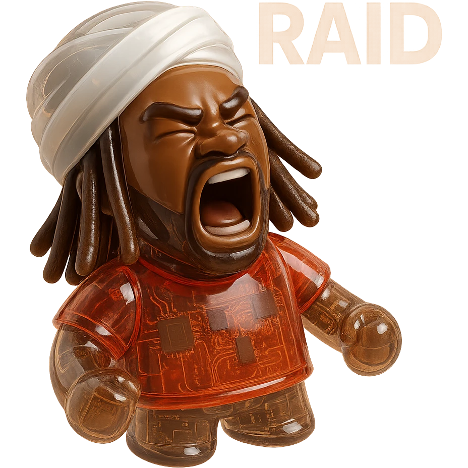 Brownskin man with long brown dreadlocks 
red t-shirt 
White turban 
expression is yelling 
Add the word RAID  emoji