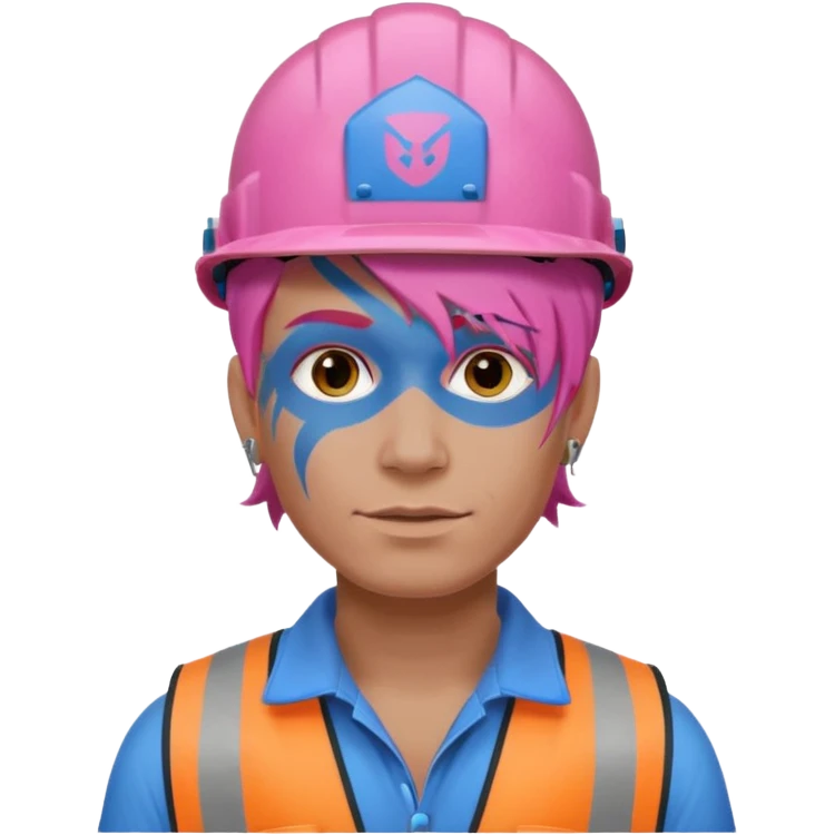 construction worker man pink hair, blue helmet and face tattoo emoji