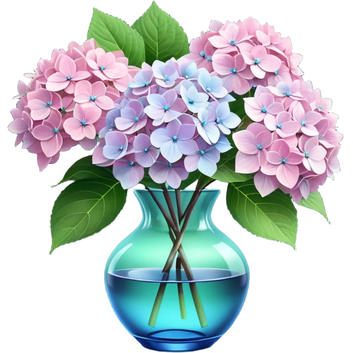 Hyperrealistic, 3D rendering, still life, smooth, clean thin lines, 8k,  pale pink, and white lush Hydrangeas with vivid leaves in blue crystal translucent glass vase, on dark wood stained table emoji