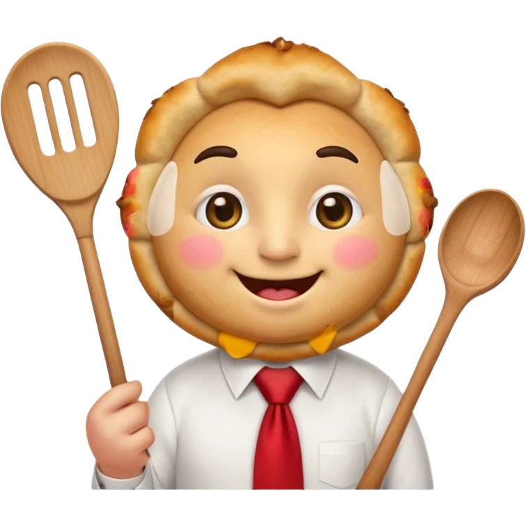 emoji style, happy fried empanada with face, big sparkling eyes, blushing cheeks, two buck teeth, red necktie, holding spatula, thick black outline, golden brown color, very cute and wholesome, transparent backgroun emoji