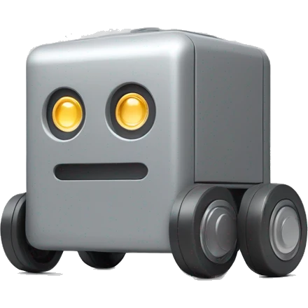 solid rectangle gray delivery robot with white circle white led eyes and opening lid on 4 wheels with food, minimalistic design emoji