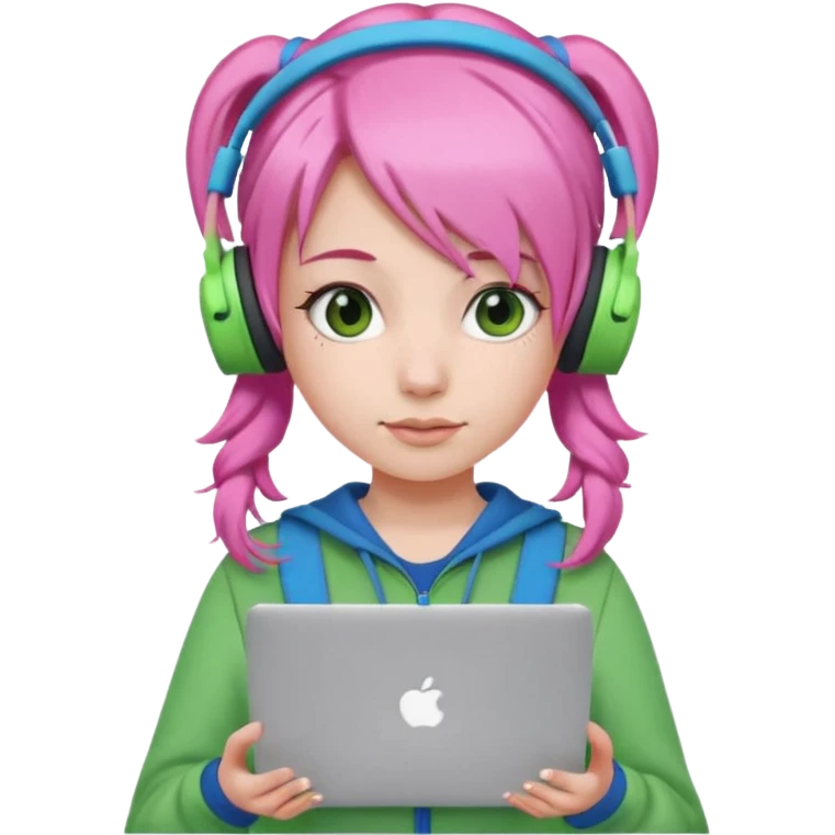 Create an emoji of a woman with pink hair tied into two pigtails. She is a game streamer, wearing green headphones, holding a MacBook, and dressed in a blue outfit. emoji