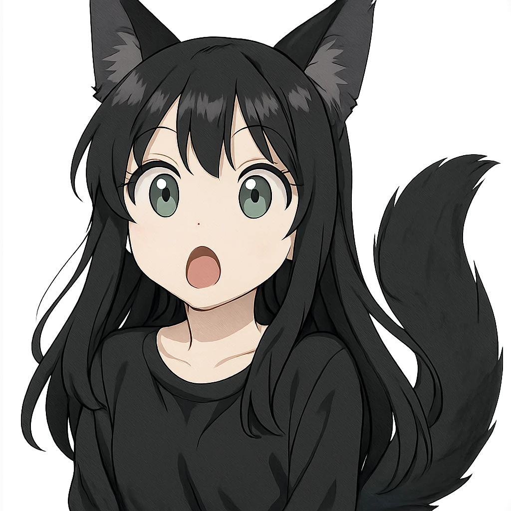 a surprised girl with huge green eyes, black fox ears, and a tail, dark hair emoji