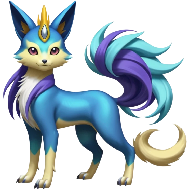 Feral Beautiful Pretty Badass Cool Colorful Painted Asian Graceful Majestic Cool Handsome Meloetta-Renamon-Luxray-Cobalion-Suicune-Vernid-fusion-hybrid-creature, full body  emoji