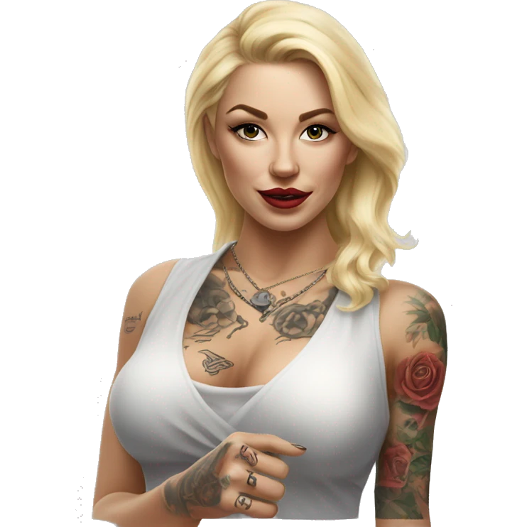 Blonde elegant women, her Body Covered with Tattoos, POINTING to YOU FORWARD with her ONE HAND , Hyper realistic emoji