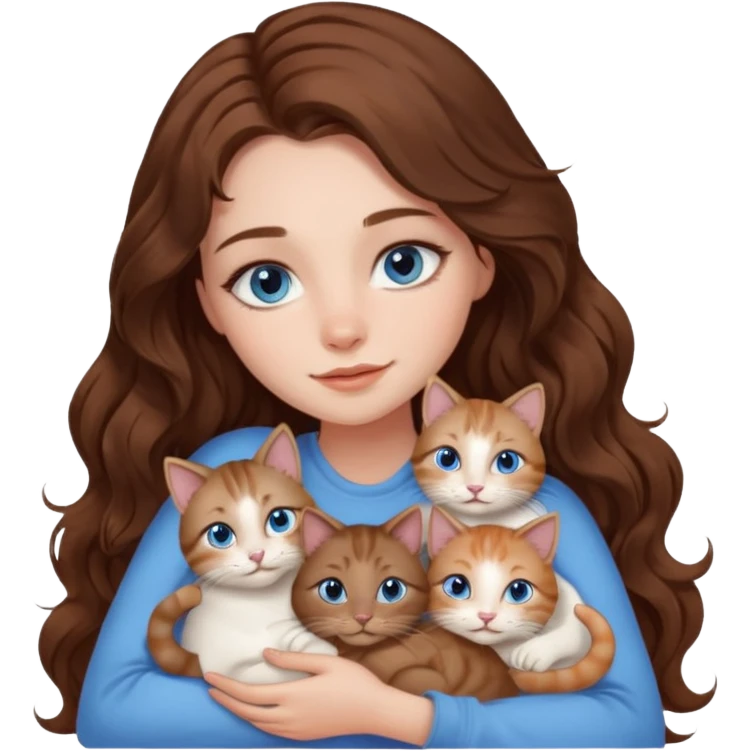 girl with long wavy brown hair, blue eyes, long lashes makeup, cuddling with 6 cats emoji